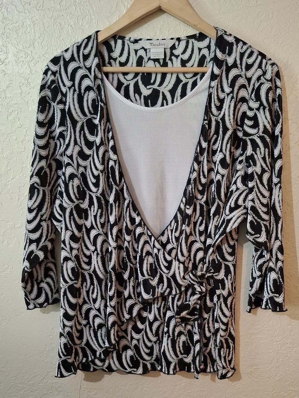 TanJay Black & White Swirl Wrap-Style Blouse